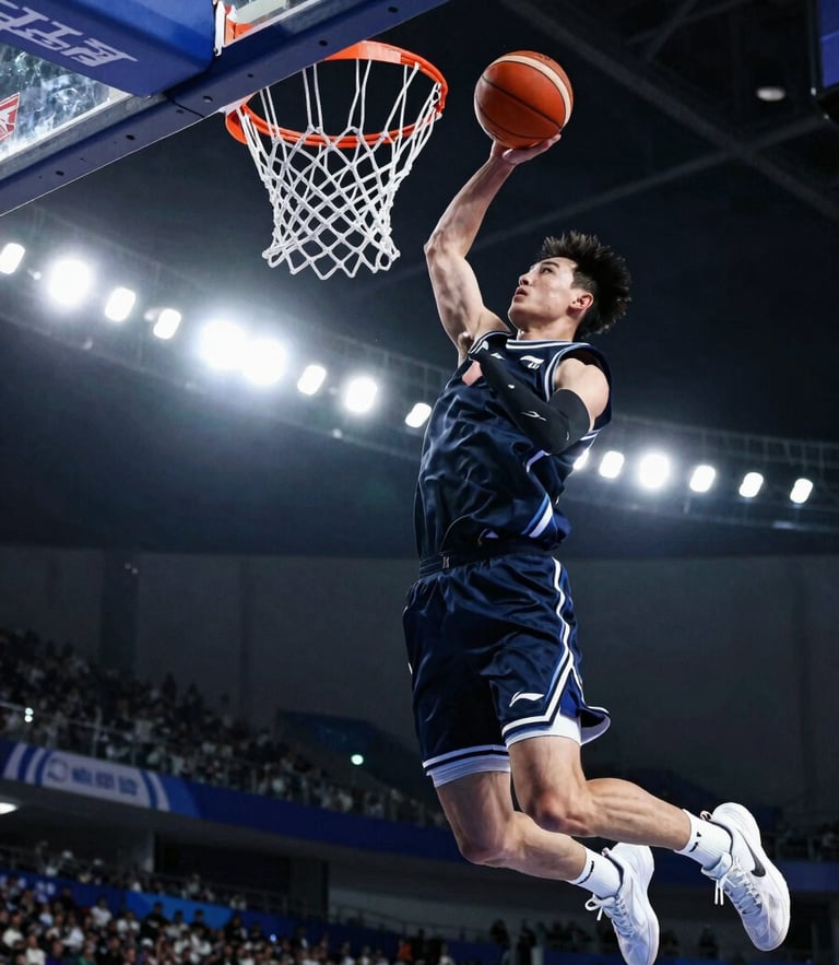 Low-angle heroic shot of a young basketball player mid-dunk, dramatic stadium floodlights, high-contrast cool tones, sharp action freeze.