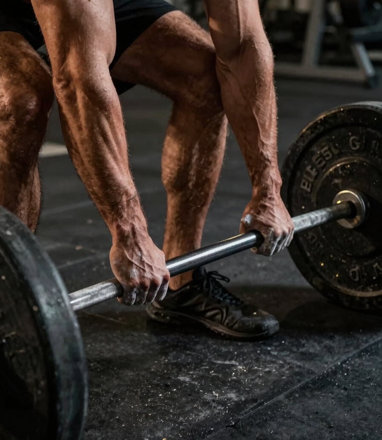 Dramatic low-key side-lighting on a muscular man's chalked hands gripping a heavy barbell in a dark concrete gym, raw textures, gold highlights.