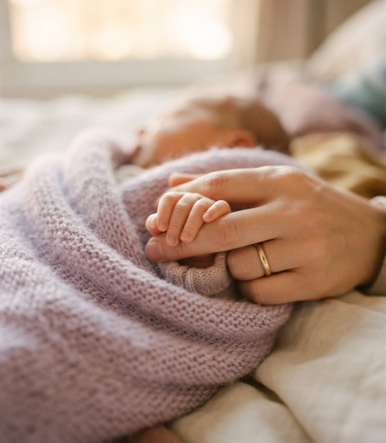 Close-up detail of a parent's hand gently cradling a baby's tiny hand, wrapped in a soft lilac knitted blanket, warm diffused golden-hour window light, shallow depth of field, 35mm film