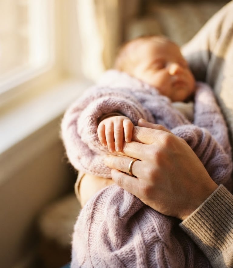 Close-up of a parent gently holding a child's tiny hand wrapped in a soft lilac knitted blanket, warm golden-hour window light, shallow depth of field, 35mm film.
