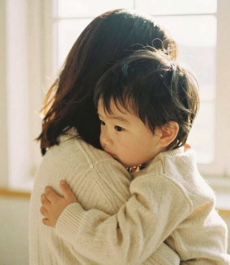 A warm, intimate embrace between a mother and her young child, soft textures of a cream-colored wool sweater, diffused golden-hour light, serene atmosphere, 35mm film.