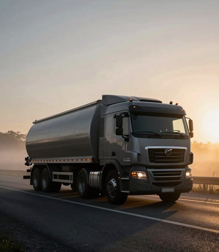 Low-angle heroic shot of a heavy-duty dry van truck on a highway at dawn, early morning mist, gold highway glare, high contrast, 35mm lens