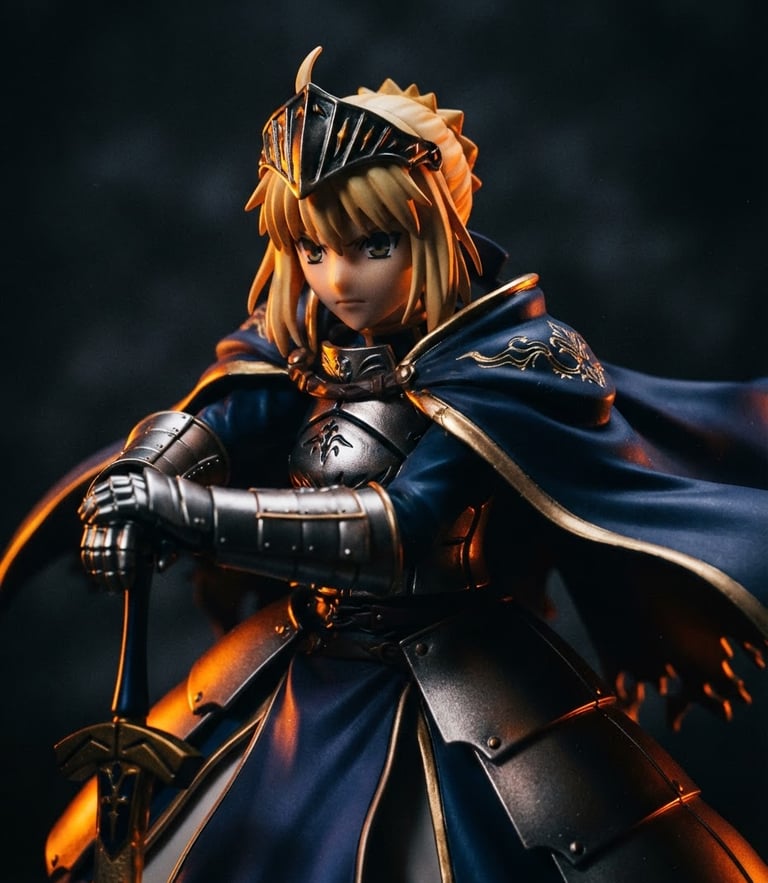 Dramatic low-key close-up of a premium anime action figure with vibrant orange and gold rim lights, dark charcoal background, high contrast, 35mm