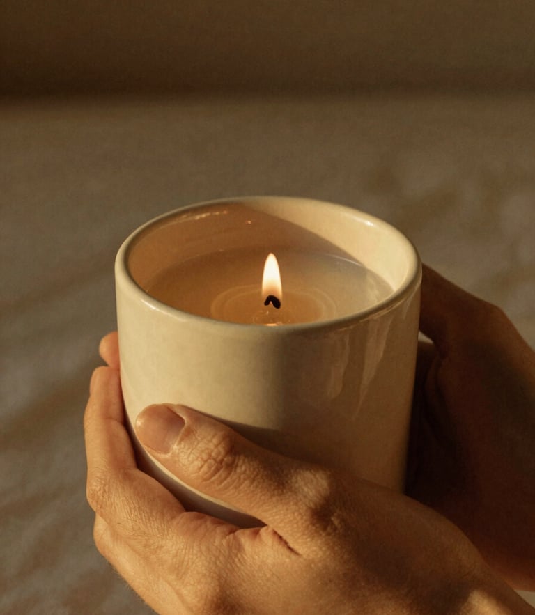 Intimate close-up of hands holding a warm ceramic candle, soft golden hour light, sepia tones, shallow depth of field, 35mm film grain