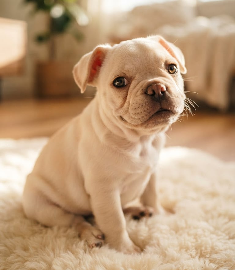 A close-up portrait of a healthy, happy French Bulldog puppy sitting on a soft cream rug, natural window light, shallow depth of field, warm editorial style