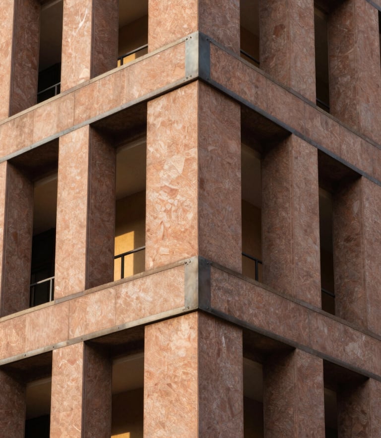 Architectural facade detail under bright Lagos sunlight, sharp metal-to-stone junctions, professional architectural photography