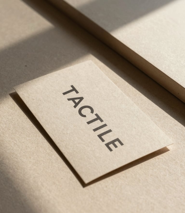 Tactile brand collateral mockup on textured oat-beige paper stock, casting sharp architectural shadows under harsh desert sunlight.