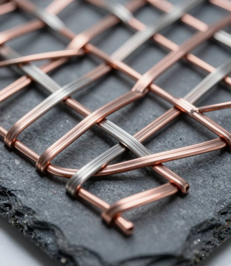 Extreme macro detail of laminated woven copper wire mesh, cool diffused laboratory light, slate and steel tones, sharp focus