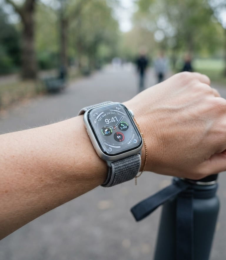 A close-up of a sleek silver smartwatch on a wrist during a morning walk, soft natural daylight, cool gray tones, crisp focus on the watch face.