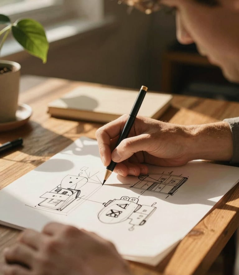 A warm, sun-drenched close-up of a developer sketching ideas on a wooden table, soft golden hour light filtering through green leaves, 35mm film style.
