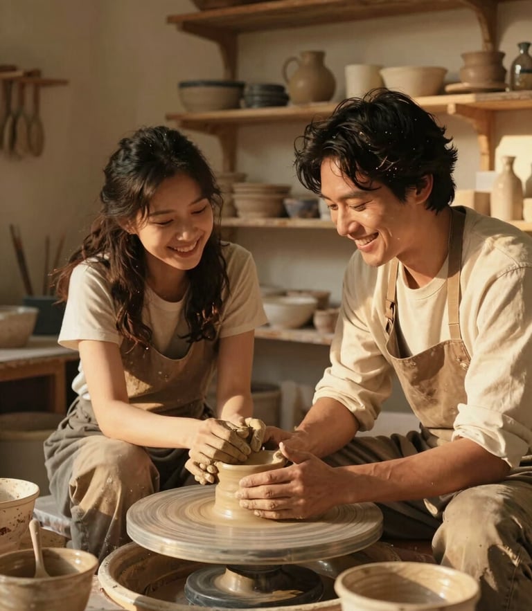 Candid, cinematic medium shot of a warm sun-drenched pottery studio, a couple smiling and collaborating over clay, soft golden hour light, 35mm photography.