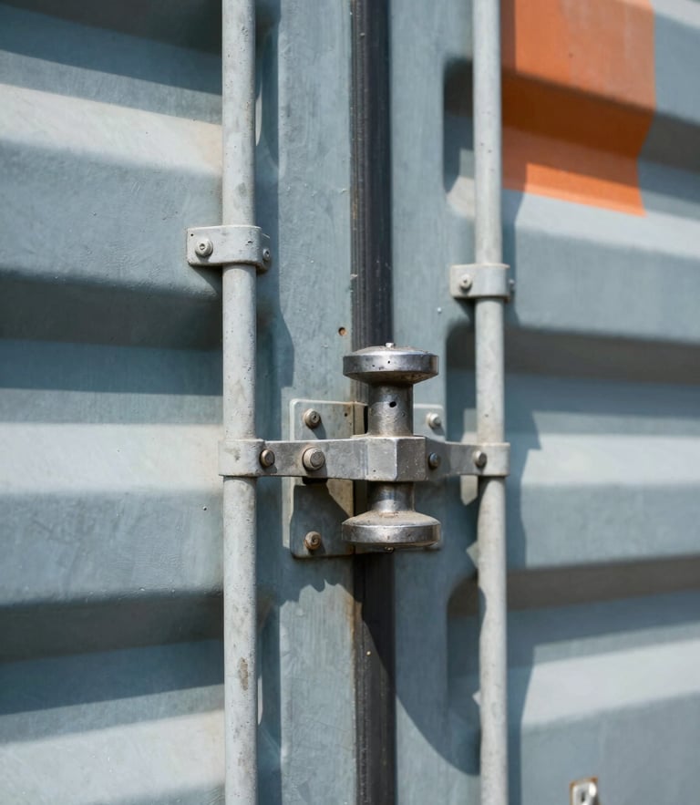 Close-up of a heavy-duty steel customs seal locked on a shipping container, bright direct midday sun, high-contrast orange accent details