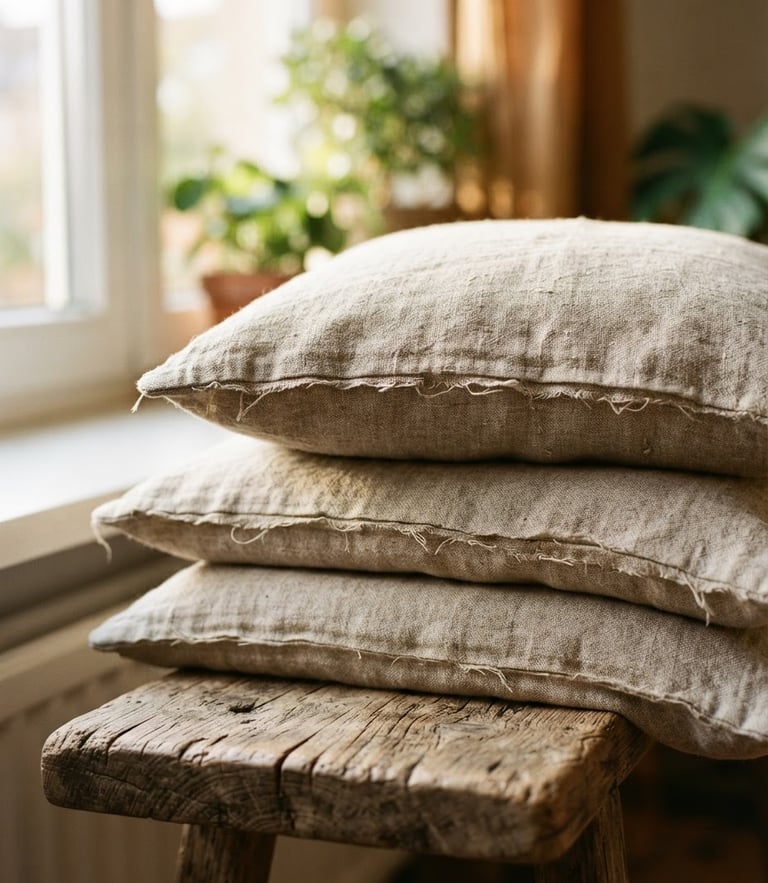 Close-up of unrefined oatmeal linen pillow covers stacked on a rustic wooden bench, soft morning daylight, shallow depth of field, 35mm