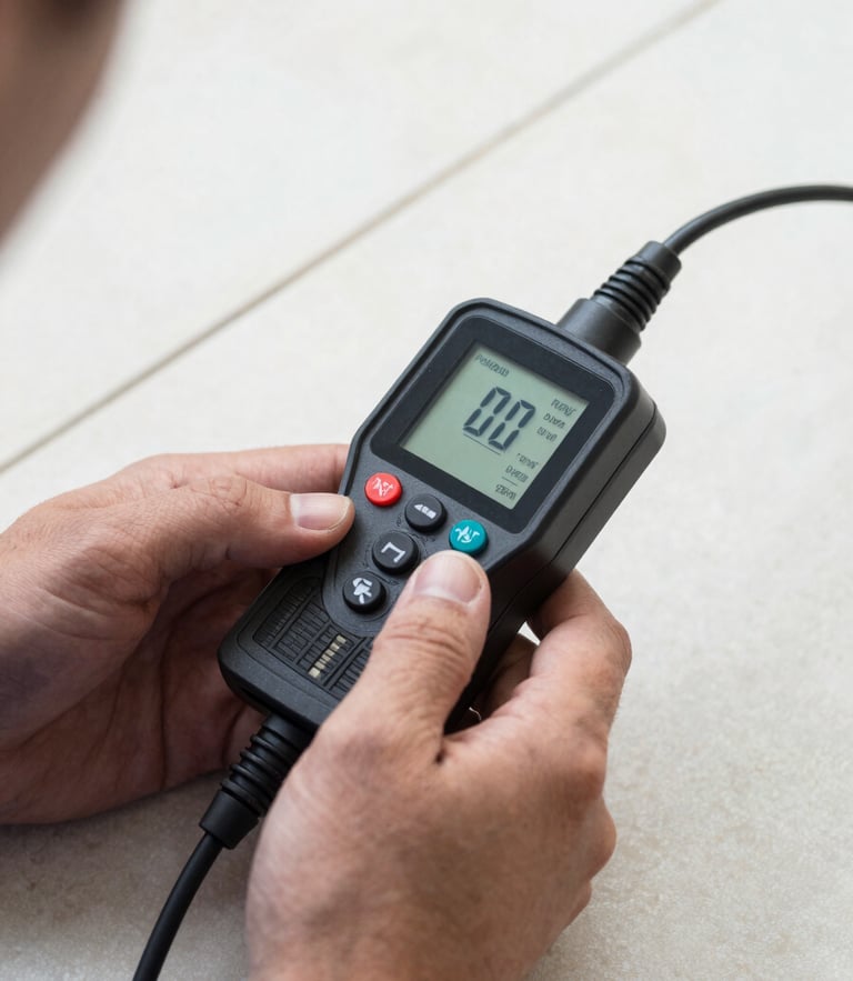 Close-up of a professional technician hands holding a digital leak detection sensor against a clean tiled floor, high-clarity daylight, technical precision focus.