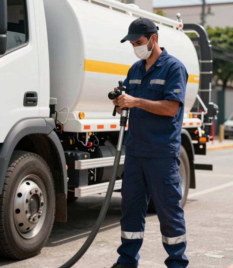 A professional technician wearing a clean navy blue uniform with safety gear operating a high-pressure vacuum hose connected to a modern sanitation truck, bright daylight, clean urban background in Brazil, sharp focus on technical equipment.