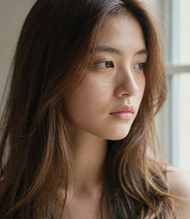 Close-up editorial portrait of soft, hand-painted balayage on warm brown hair, diffused natural window light, shallow depth of field, 35mm film texture.