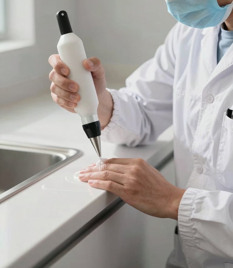 Close-up of a professional environmental technician wearing a clean white branded uniform, applying precision gel treatment to a clean kitchen baseboard with a specialized applicator under bright daylight.