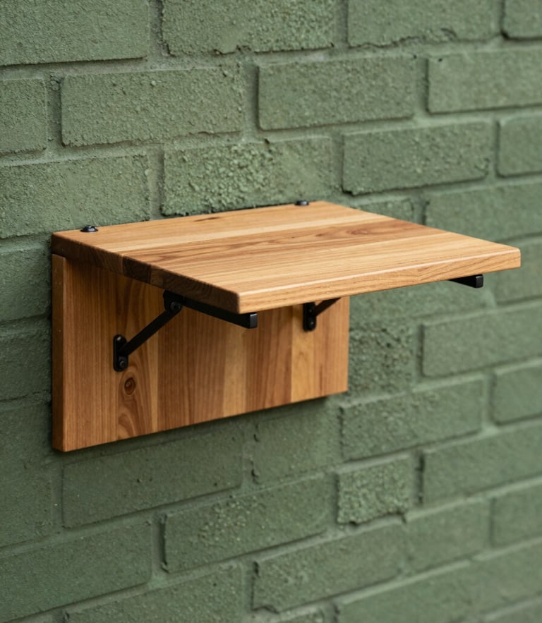 A warm side-lit photograph of a solid-slab cedar fold-down table mounted on a brick wall, matte black steel hinges visible, 50mm lens, shallow depth of field