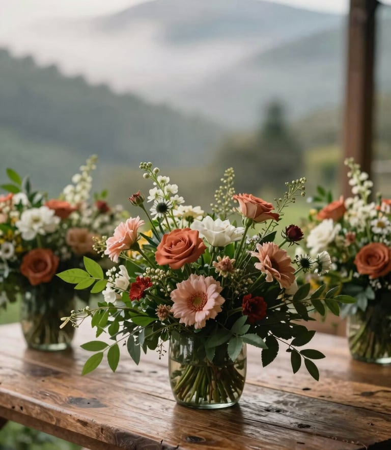 Elegant close-up of silletero flower arrangements on a rustic wooden table, soft morning mist visible through a window, warm editorial photography, 35mm