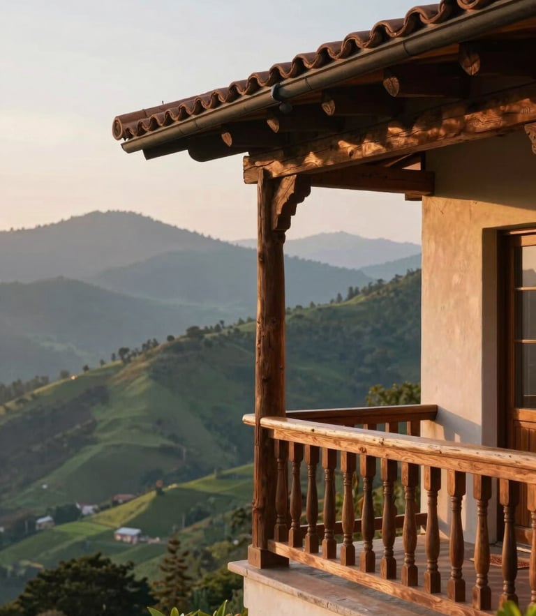 Elegant close-up of a rustic wooden villa balcony overlooking misty green mountains of Santa Elena at sunrise, warm morning light, 35mm editorial photography.