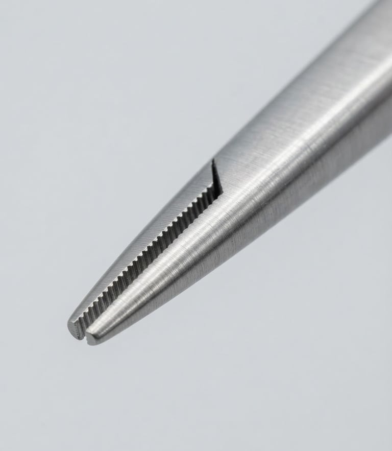 sharp technical photography, bright high-key studio lighting, sterile light gray background, macro lens of a surgical forceps tip, ultra-detailed