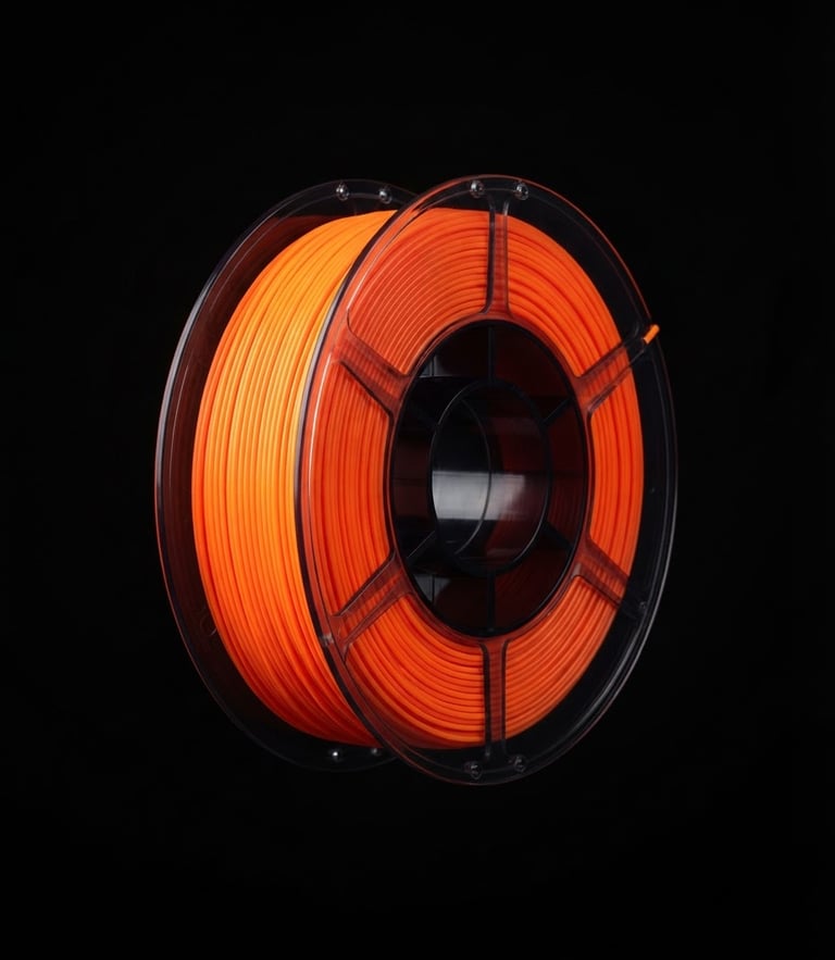 A pristine, perfectly wound neon orange filament spool floating against a stark, pitch-black background, sharp high-key studio lighting highlighting the flawless parallel winding.