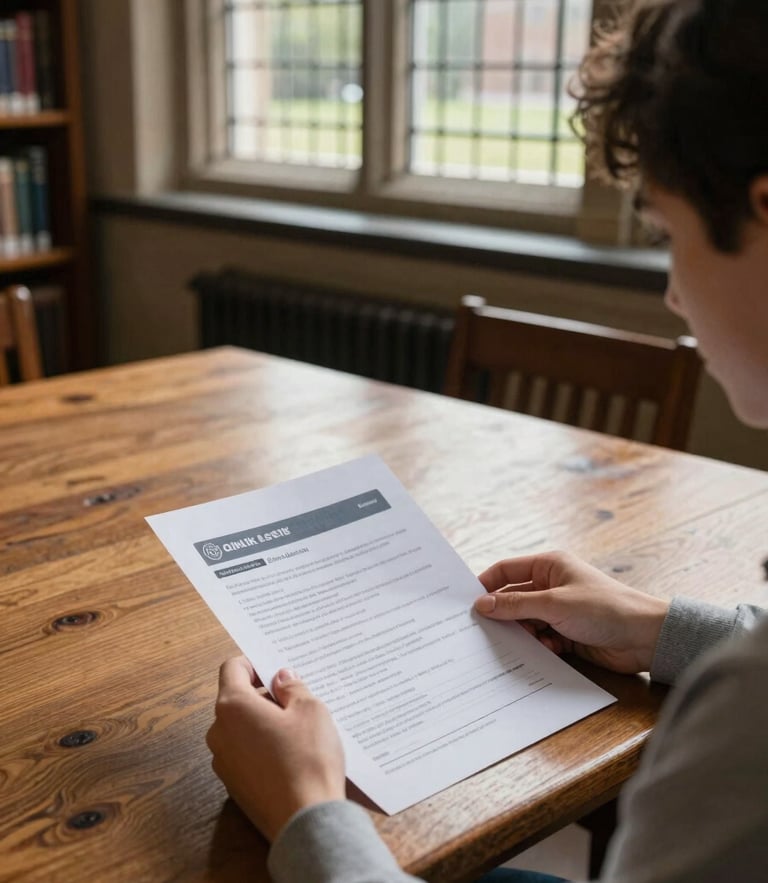 Over-the-shoulder shot of a student reviewing visa document guidelines on a heavy oak table inside an old university library, soft overcast daylight filtering through leaded glass windows.