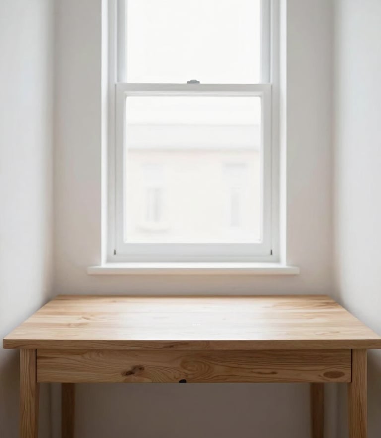 Symmetrical minimalist study room with light wood desk, soft natural light from a window, clean white walls, shallow depth of field, 35mm lens