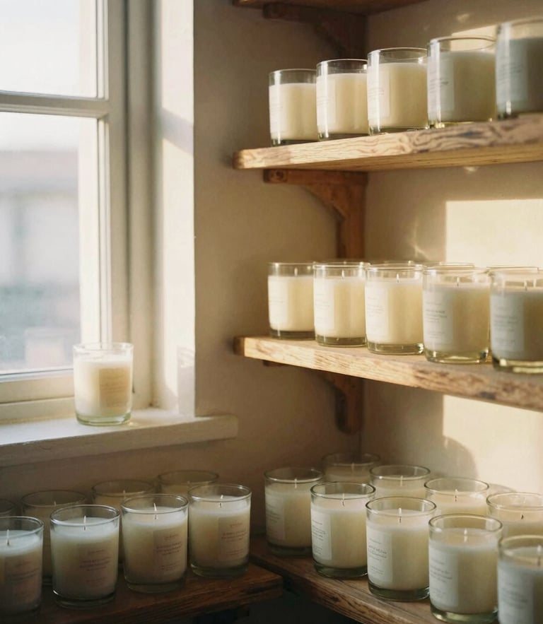 Warm golden-hour window light illuminating rows of hand-poured soy candles in glass jars on rustic wooden shelves, a cozy studio corner with soft textures, 35mm film style