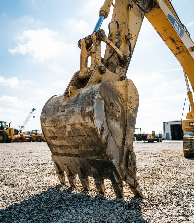 Low-angle heroic shot of a heavy yellow excavator bucket on a clean gravel staging yard, hard direct daylight, high-contrast steel textures, 35mm