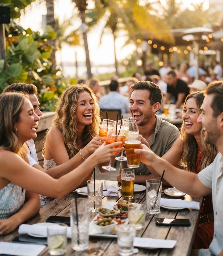 Vibrant group of young adults laughing and clinking glasses at an outdoor table under bright Florida sunlight, warm golden hour tones, shallow depth of field