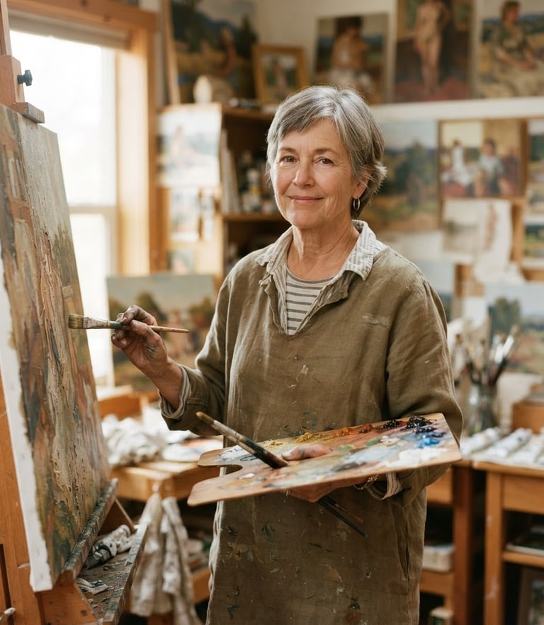 A quiet portrait of artist Kim Emert Gale in her sunlit studio, soft natural north-facing light, holding a palette, surrounded by oil paintings on linen, warm editorial photography, medium format film