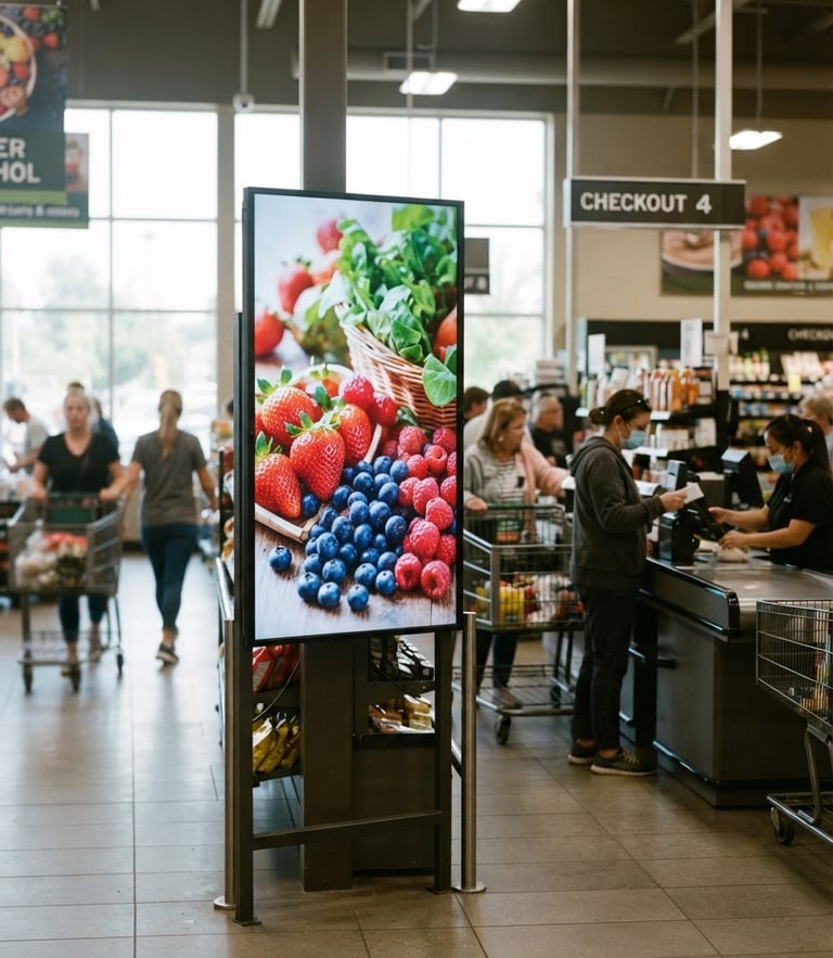 Eye-level 35mm photograph of a modern digital advertising screen installed inside a bright regional supermarket near the checkout, shoppers in soft focus in the background, natural daylight