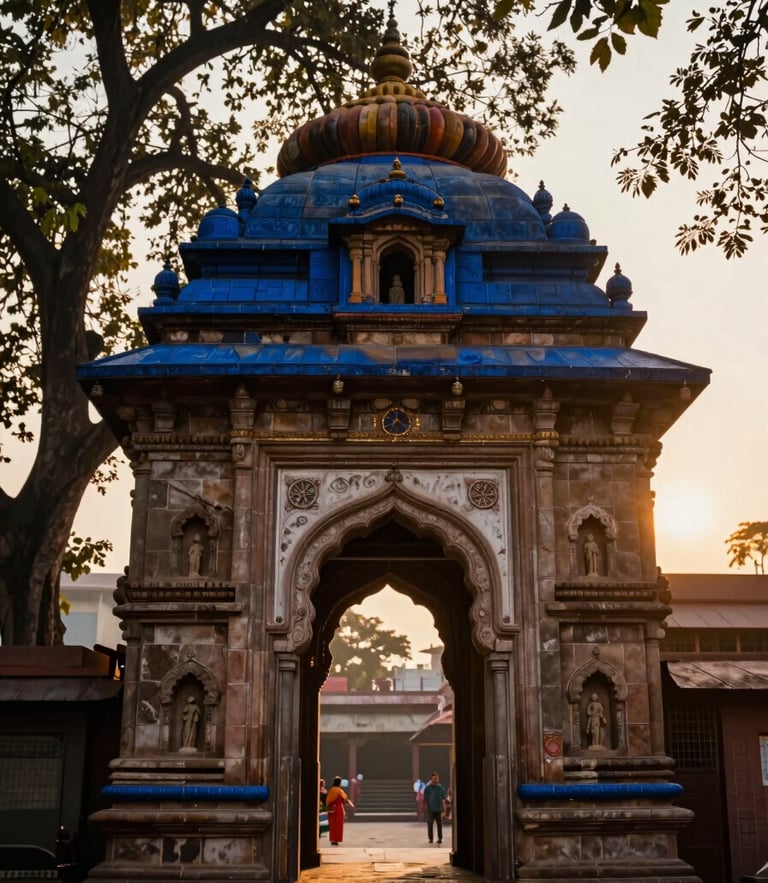 Cinematic warm editorial photography of a traditional stone temple arch in Vrindavan, golden-hour light filtering through ancient trees, saffron and deep blue tones, 35mm