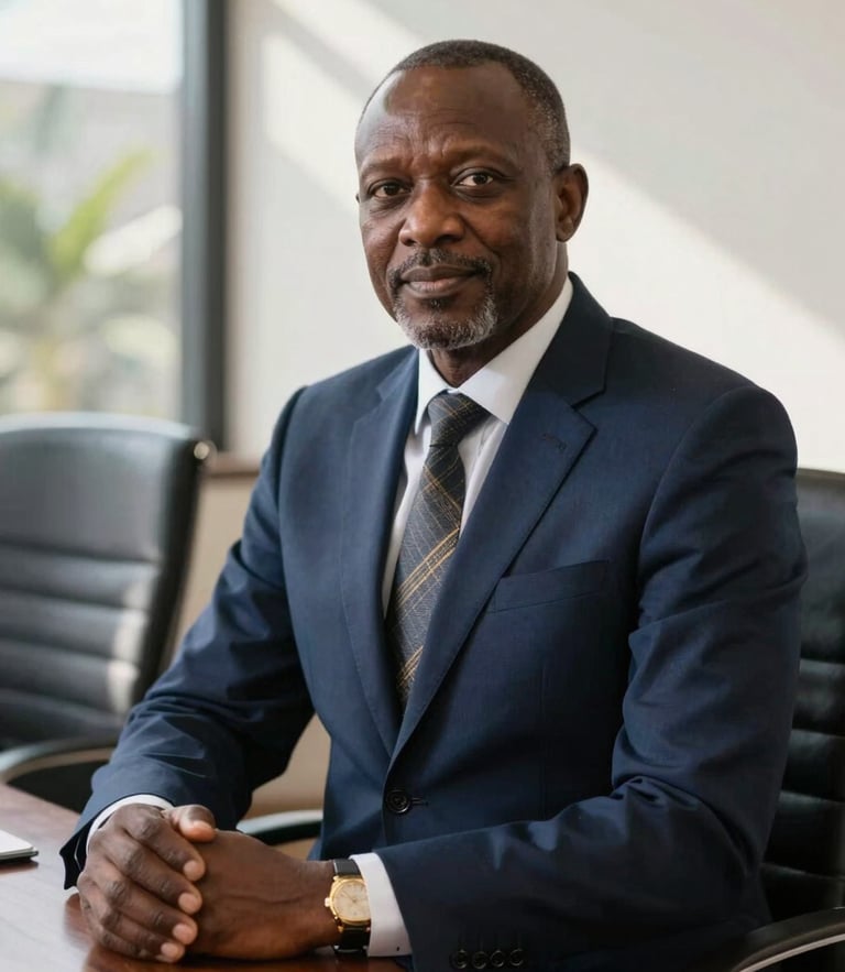 Editorial corporate portrait of a senior African operations director in a sunlit Nairobi boardroom, natural morning light, deep navy suit, sharp focus, 35mm