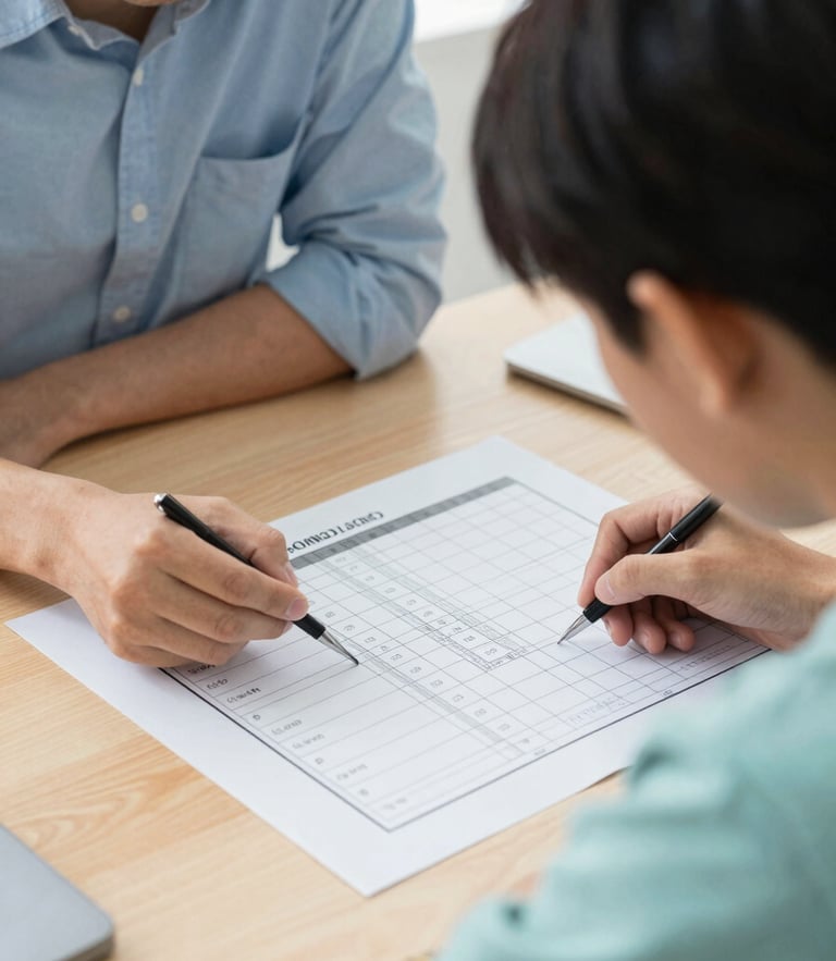 A close-up of a student and mentor reviewing a structured planning roadmap on a wooden desk, soft natural daylight, 35mm editorial photography