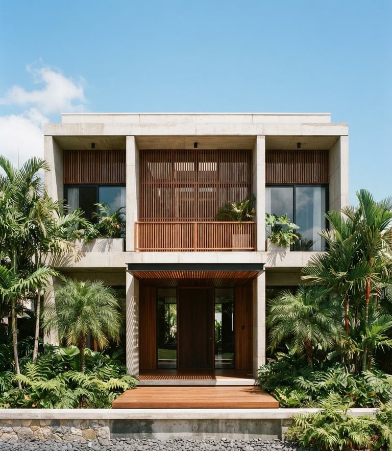 Straight-on orthographic elevation of a completed modern tropical concrete house, bright tropical daylight, sharp structural shadows, warm wood accents, 35mm lens