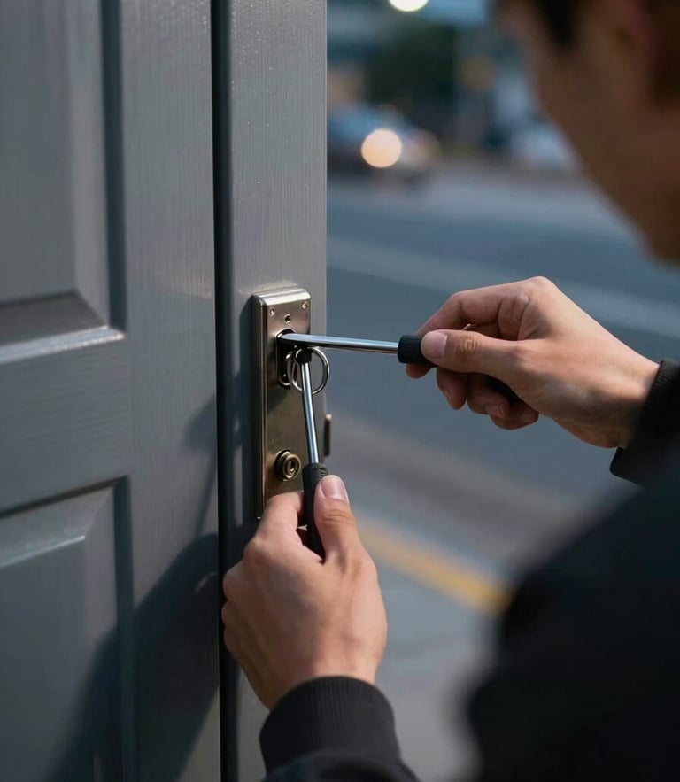 Over-the-shoulder shot of a locksmith's hands using professional pick tools on a high-security front door lock, cool evening streetlights casting sharp shadows.