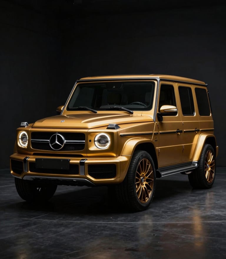 Dramatic front-quarter angle of a customized premium SUV in a dark bay, low-key studio lighting with golden rim lights