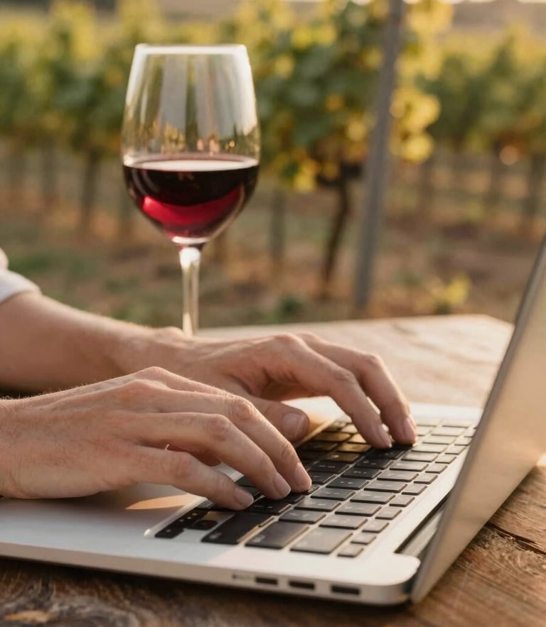 Close-up of hands typing on a laptop on a rustic wooden table, next to a glass of deep red wine catching the warm golden hour light, vineyards blurred in the background.