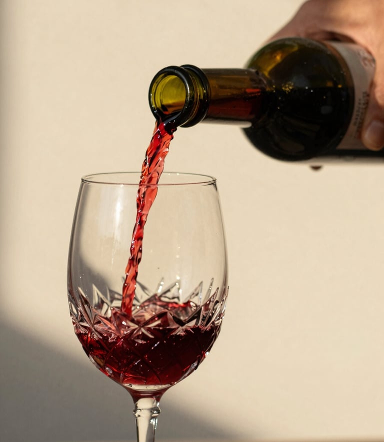 Close-up of a hand pouring rich red wine into a crystal glass at golden hour, soft side light, shallow depth of field, 35mm film.