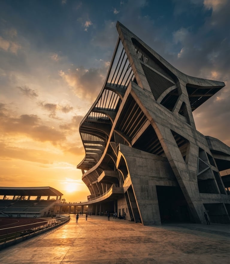 Dramatic low-angle architectural shot of a modern sports complex in India under golden hour sunlight, clean concrete lines, expansive sky