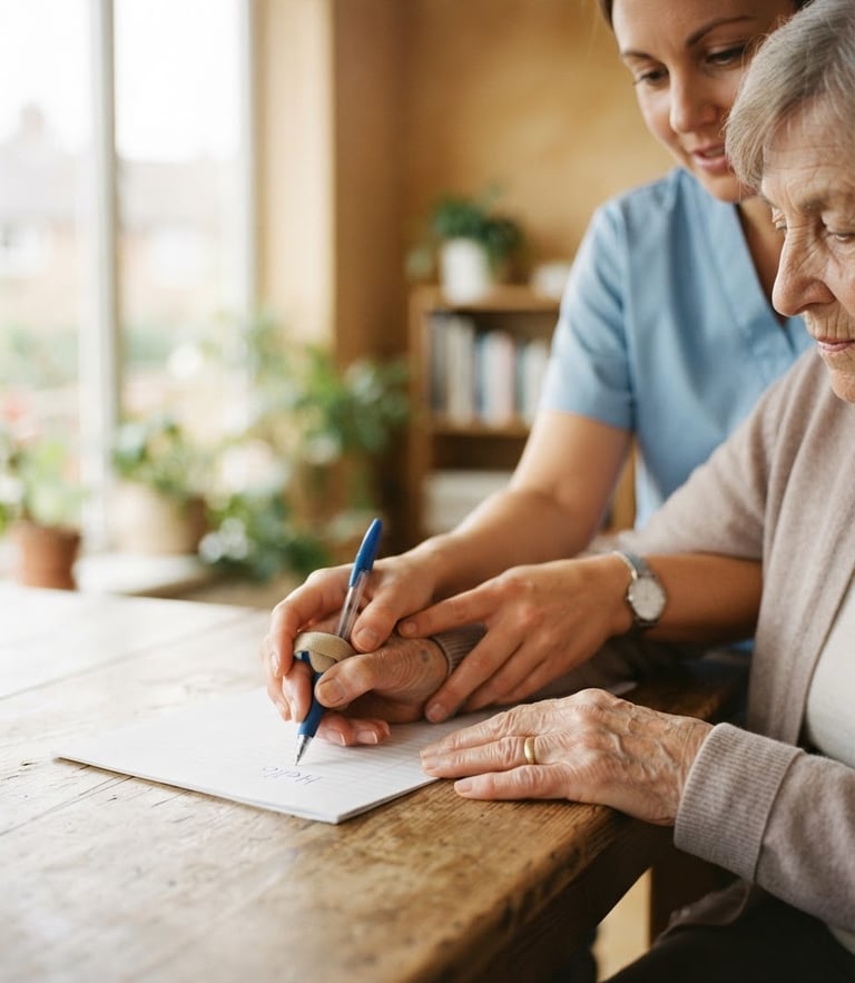 Hands of an occupational therapist gently guiding an elderly patient's hand to write with a pen, warm natural window light, soft focus, supportive and empathetic atmosphere