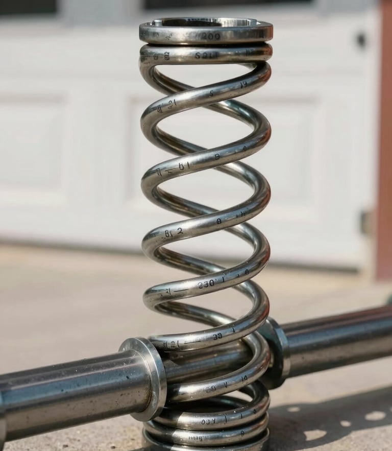 A close-up of a high-cycle steel torsion spring mounted on a garage door shaft, showing clean safety-tension calibration markings in bright daylight.