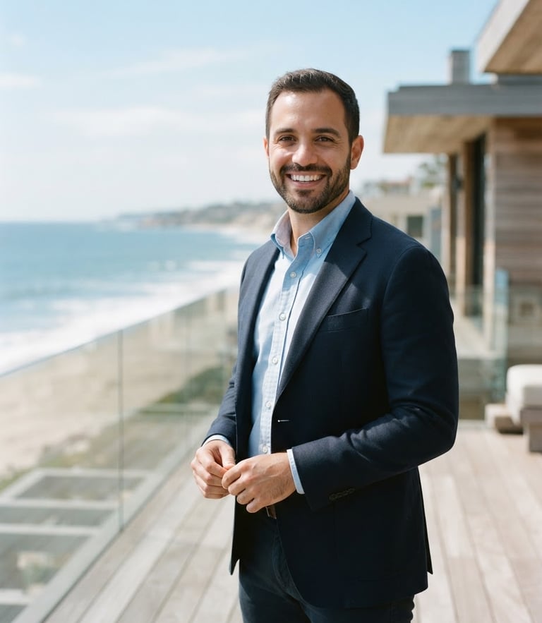Approachable and professional portrait of Marcel Assis, real estate manager, smiling, clean background, bright natural coastal daylight, 35mm