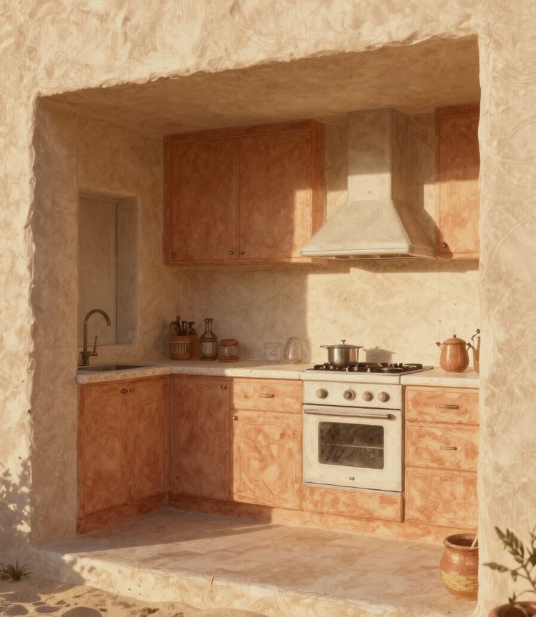 A hand-drawn architectural sketch of a sun-drenched kitchen, soft sand and terracotta tones, warm morning light, tactile paper texture, 35mm lens.