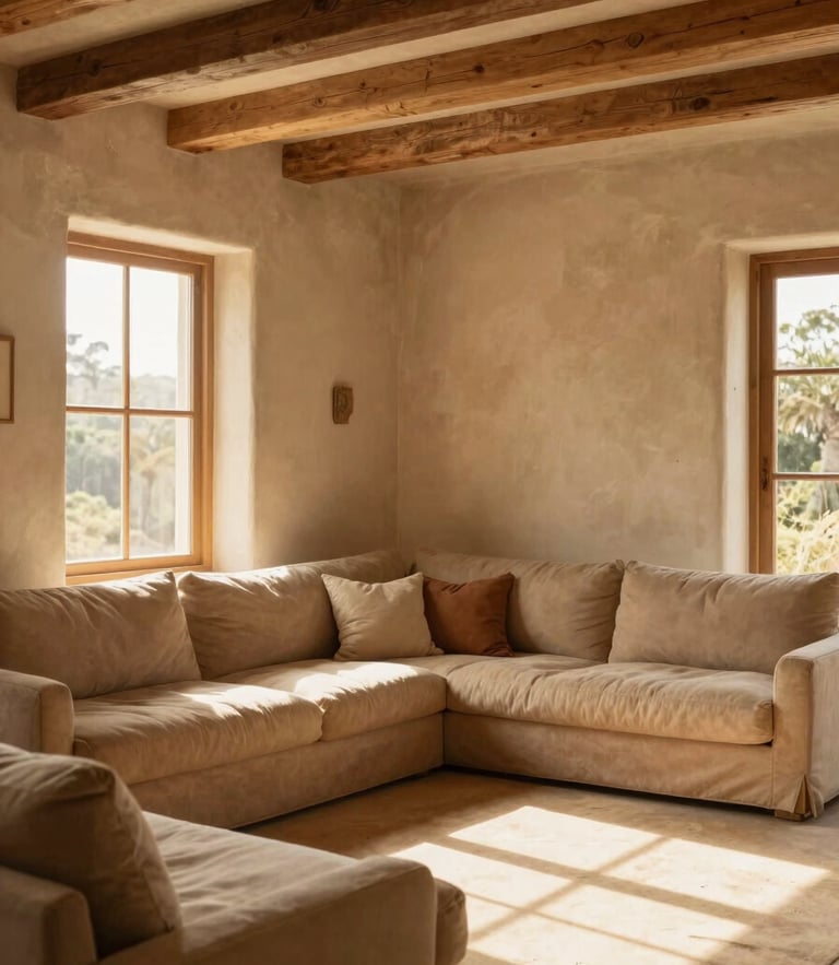 Medium-wide environmental shot of a sun-drenched living room with oak beams, warm golden-hour light streaming through a large window, soft sand plaster walls, lived-in feel, warm editorial photography, 35mm lens.