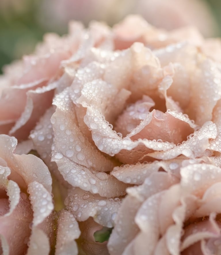 Delicate rose petals covered in morning dew, soft morning daylight, shallow depth of field, 85mm lens, blush and champagne tones
