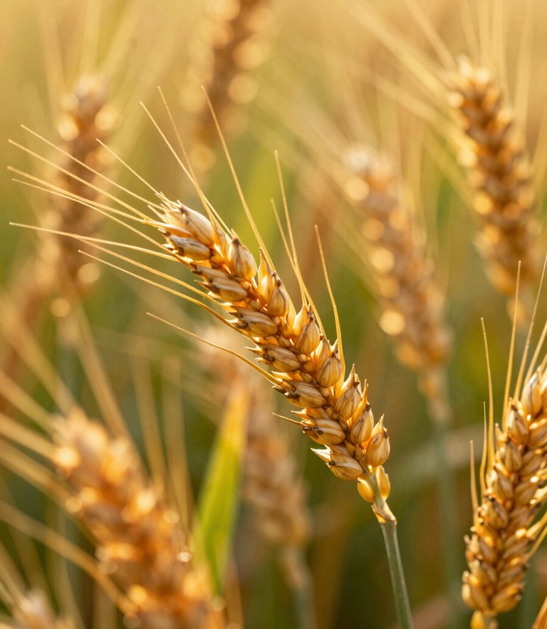 Macro close-up of heavy golden wheat ears under bright morning sunlight, shallow depth of field, rich warm tones