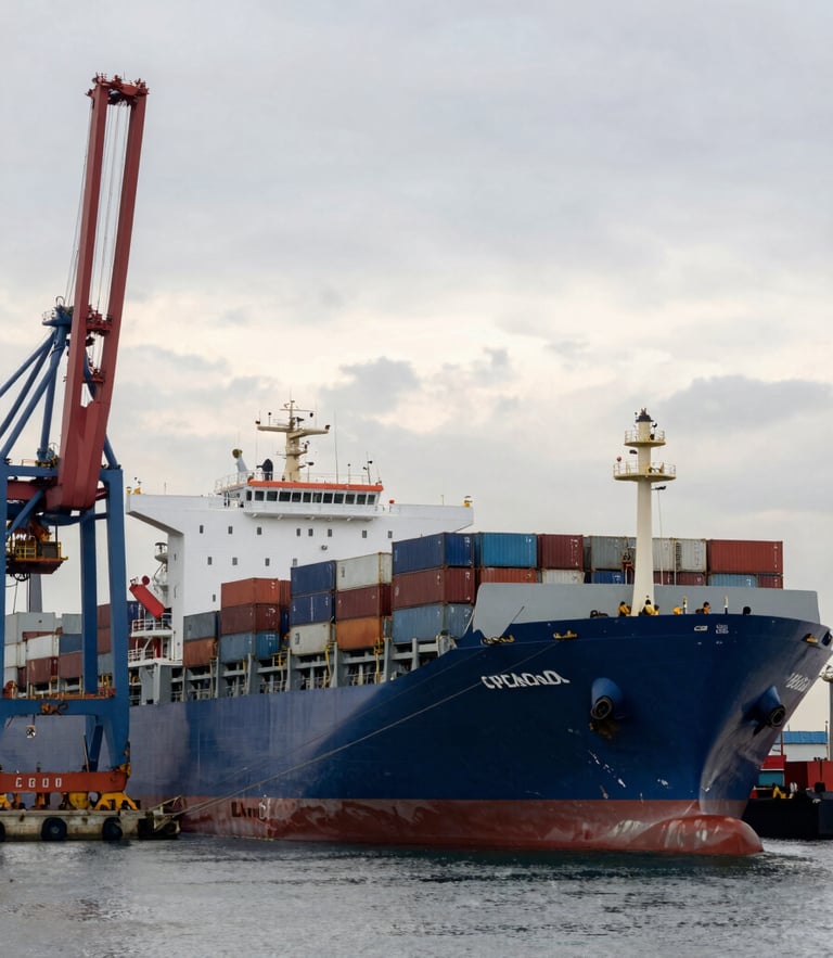 Wide environmental shot of a massive maritime cargo vessel docked at an industrial port during an overcast morning, heavy container cranes framing the composition.